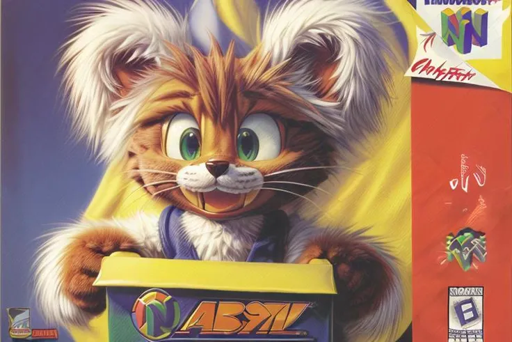(masterpiece, best quality, highres, absurdres, ultra-detailed:1.2), <lora:N64BoxArtV1.1:1.0>(n64boxart, box art, retro artstyle, logo, English text, copyright name:1.3), (bubsy, bobcat, white shirt, furry mascot), <lora:add_detail_v1:0.85>