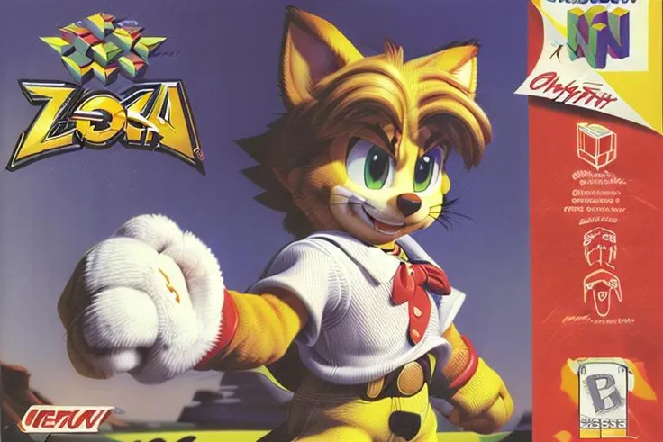 (masterpiece, best quality, highres, absurdres, ultra-detailed:1.2), <lora:N64BoxArtV1.1:1.0>(n64boxart, box art, retro artstyle, logo, English text, copyright name:1.3), (bubsy, bobcat, white shirt, furry mascot), <lora:add_detail_v1:0.85>