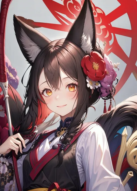 masterpiece,highres,breasts, <lora:wakamo:1>,fox tail, 1girl,animal_ears,smile, looking_at_viewer, blush, hair_flower, weapon,black hair, japanese clothes, simple background,, masterpiece, best quality,