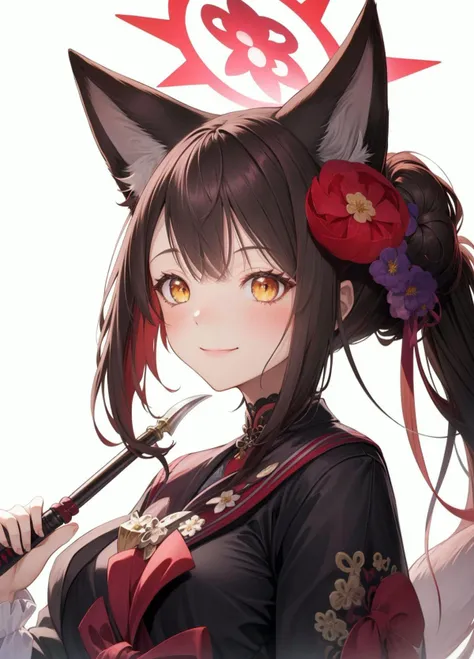 masterpiece,highres,breasts, <lora:wakamo:1>,fox tail, 1girl,animal_ears,smile, looking_at_viewer, blush, hair_flower, weapon,black hair, japanese clothes, simple background,, masterpiece, best quality,