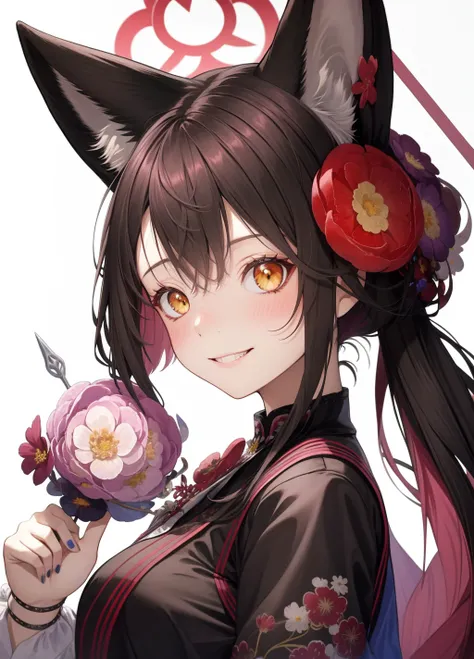 masterpiece,highres,breasts, <lora:wakamo:1>,fox tail, 1girl,animal_ears,smile, looking_at_viewer, blush, hair_flower, flower,black hair, japanese clothes, simple background,, masterpiece, best quality,