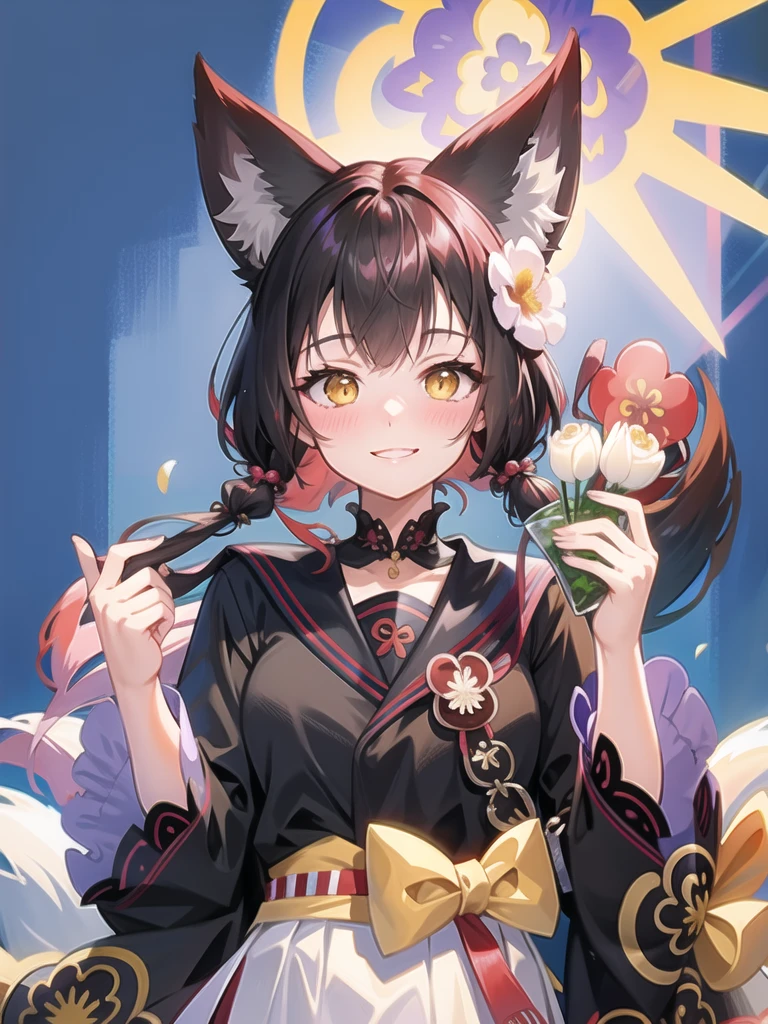 masterpiece,highres,breasts, <lora:wakamo:1>,fox tail, 1girl,animal_ears,smile, looking_at_viewer, blush, hair_flower, flower,black hair, japanese clothes, simple background,
