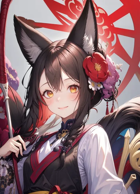 masterpiece,highres,breasts, <lora:wakamo:1>,fox tail, 1girl,animal_ears,smile, looking_at_viewer, blush, hair_flower, weapon,black hair, japanese clothes, simple background,, masterpiece, best quality,