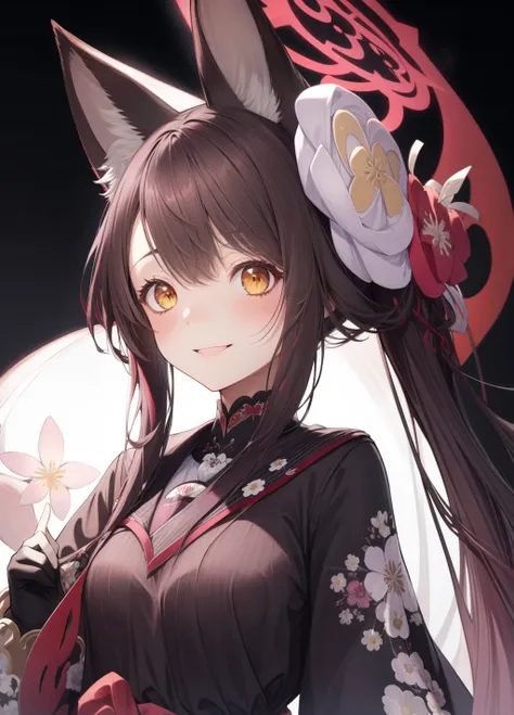 masterpiece,highres,breasts, <lora:wakamo:1>,fox tail, 1girl,animal_ears,smile, looking_at_viewer, blush, hair_flower, weapon,black hair, japanese clothes, simple background,, masterpiece, best quality,