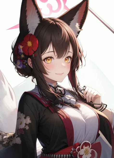 masterpiece,highres,breasts, <lora:wakamo:1>,fox tail, 1girl,animal_ears,smile, looking_at_viewer, blush, hair_flower, weapon,black hair, japanese clothes, simple background,, masterpiece, best quality,