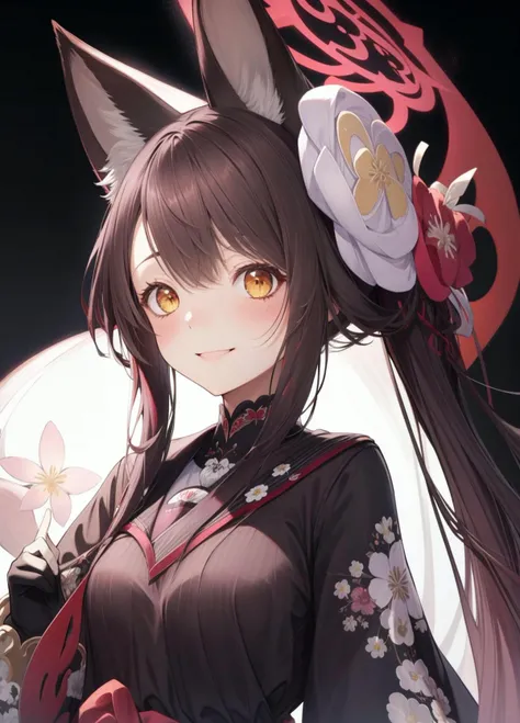 masterpiece,highres,breasts, <lora:wakamo:1>,fox tail, 1girl,animal_ears,smile, looking_at_viewer, blush, hair_flower, weapon,black hair, japanese clothes, simple background,, masterpiece, best quality,