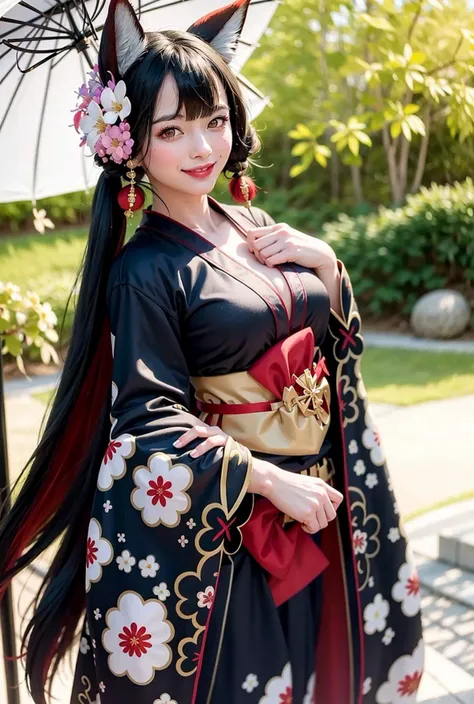 masterpiece,highres , big breasts, japanese kimono, fox tail, 1girl,animal_ears,smile, Great Background, looking_at_viewer, blush, hair_flower, flower,black hair, japanese clothes, simple background, <lora:kosakaWakamo_v1:1>