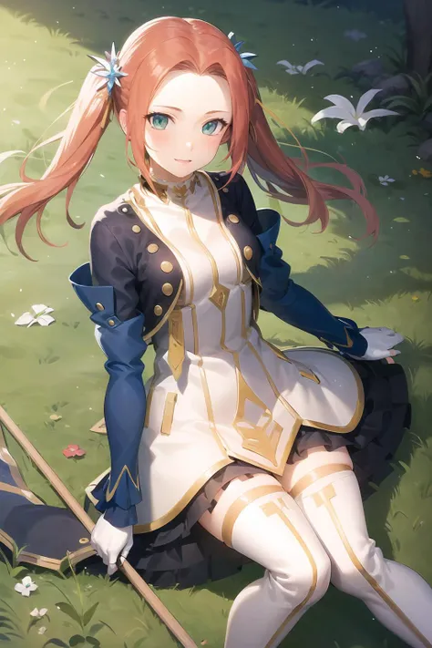 Eleanor_Hume, hair ornament, thighhighs, gloves, long sleeves, dress, twintails, frills, fingerless gloves, white thighhighs, thigh boots, short dress, <lora:Eleanor_Hume-v2:0.8>