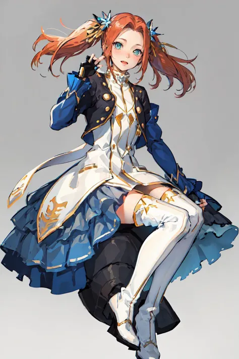 Eleanor_Hume, hair ornament, thighhighs, gloves, long sleeves, dress, twintails, frills, fingerless gloves, white thighhighs, thigh boots, short dress, <lora:Eleanor_Hume-v2:0.8>,(full body:1.2),