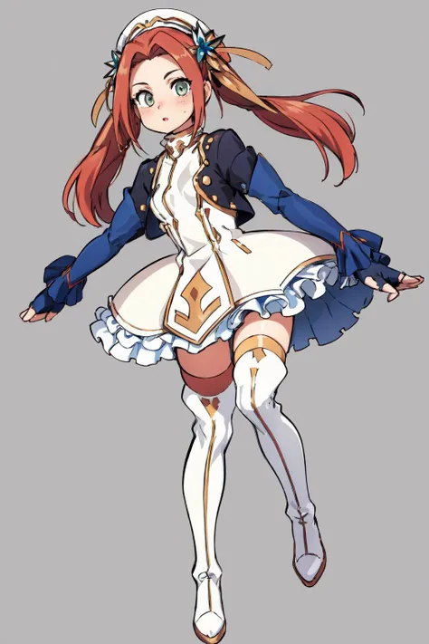 Eleanor_Hume, hair ornament, thighhighs, gloves, long sleeves, dress, twintails, frills, fingerless gloves, white thighhighs, thigh boots, short dress, <lora:Eleanor_Hume-v2:0.8>,(full body:1.2),