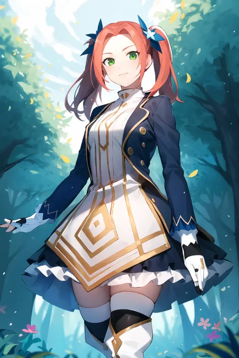 Eleanor_Hume, hair_ornament, thighhighs, gloves, long_sleeves, dress, twintails, frills, fingerless_gloves, white_thighhighs, thigh_boots, short_dress, <lora:Eleanor_hume:0.8>