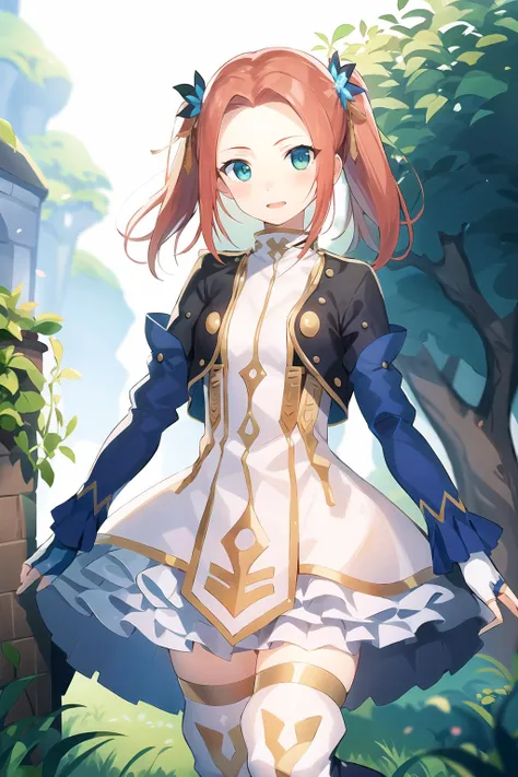 Eleanor_Hume, hair_ornament, thighhighs, gloves, long_sleeves, dress, twintails, frills, fingerless_gloves, white_thighhighs, thigh_boots, short_dress, <lora:Eleanor_Hume-10:0.8>