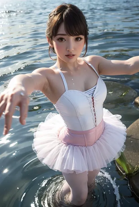 realistic, 1girl,solo, parted lips, white ballerina,dancing ,
wading,lotus,splashing, reaching out, looking at viewer,      ,glossy lips