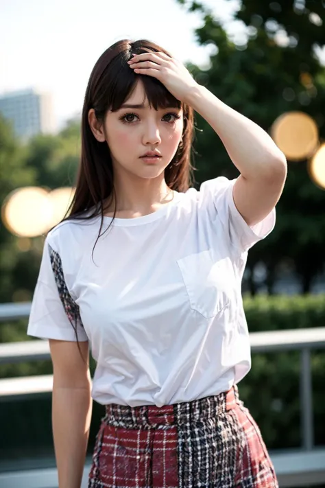 1girl, (looking at viewer), (bokeh:1.1), parted lips,expressionless, realistic, arm up, shirt,
skirt, skyline,
best quality, (photorealistic:1.4), ultra highres, <lora:MizunaRei1:0.6>