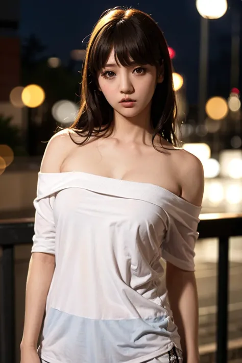 1girl, (looking at viewer),  (bokeh:1.1), parted lips,expressionless, realistic, arm behind head, off shoulder,
pants, skyline,
realistic, <lora:MizunaRei1:0.6>