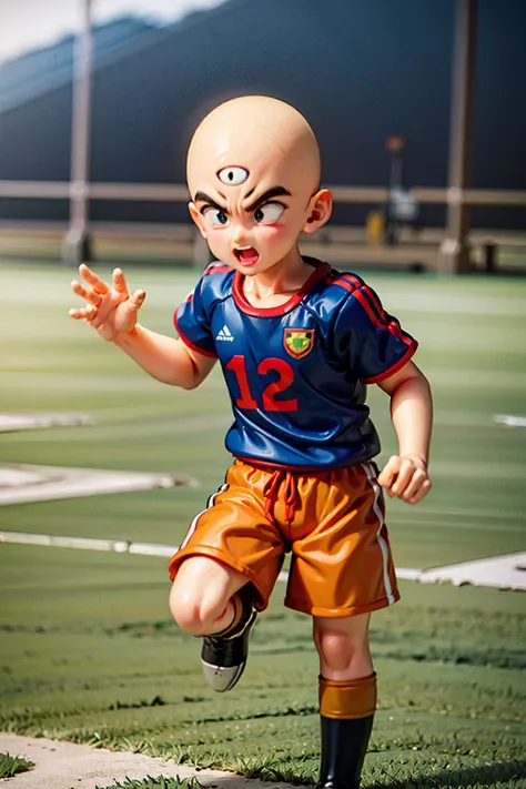 (8k, best quality, masterpiece:1.2), (finely detailed),solo, detailed illustration,intricate, a bald 5 years old child tien with black eyes a third eye  wearing blue sport shorts and a blue t-shirt with a number playing soccer in a field 1boy