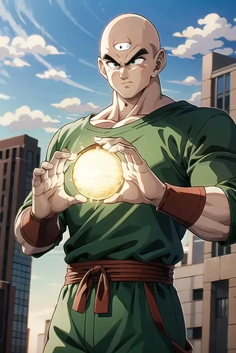 <lora:tien_v0_4:1.0>, cowboy shot of tien with ((third eye)) and black eyes, green dougi,scar on chest, bald, best quality, highly detailed, perfect fingers, clean lines, upper body, muscolar, dynamic pose, good hands, good fingers, good eyes, looking straight, hd, 8k, trending, professional, symmetrical, hires, <lora:add_sharpness:0.7> <lora:epi_noiseoffset2:0.7 , <lora:GoodHands-vanilla:0.8> <lora:runemagic:0.8> Rune_Magic, Magic, Power