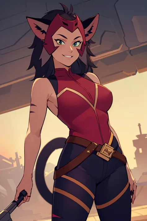 ((masterpiece,best quality)), absurdres, <lora:Catra_Shera:0.5>, Catra_Shera, cat ears, solo, smiling, looking at viewer, cowboy shot, cinematic composition, dynamic pose
