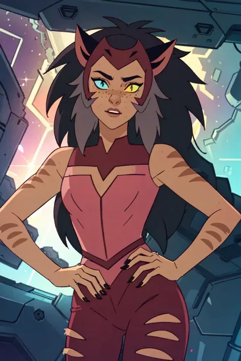 (Catra_Shera), woman, cat ears, heterochromia, yellow and blue sclera, thin body, athletic body, inside of a sci-fi ship, (realistic:1.2), (masterpiece:1.2), (full-body-shot:1),(Cowboy-shot:1.2), dark romantic lighting, (highly detailed:1.2),(detailed face:1.2), (gradients), colorful, detailed eyes, (natural lighting:1.2), solo <lora:add_detail:-0.5> <lora:BeautifulEyes:0.6> <lora:Catra_Shera:0.6> <lora:spopv1_5:0.5>