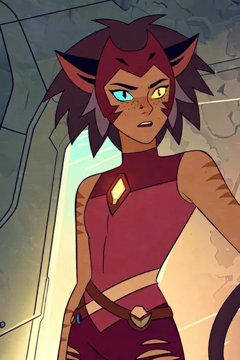 (Catra_Shera), (tail), woman, cat ears, heterochromia, yellow and blue sclera, thin body, athletic body, inside of a sci-fi ship, (realistic:1.2), (masterpiece:1.2), (full-body-shot:1),(Cowboy-shot:1.2), dark romantic lighting, (highly detailed:1.2),(detailed face:1.2), (gradients), colorful, detailed eyes, (natural lighting:1.2), solo <lora:add_detail:0.3> <lora:BeautifulEyes:0.6> <lora:Catra_Shera:0.7> <lora:spopv1_5:0.5>