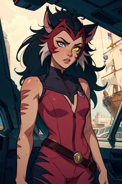 (Catra_Shera), cat ears, heterochromia, yellow and blue sclera, thin body, athletic body, inside of a sci-fi ship, (realistic:1.2), (masterpiece:1.2), (full-body-shot:1),(Cowboy-shot:1.2), dark romantic lighting, (highly detailed:1.2),(detailed face:1.2), (gradients), colorful, detailed eyes, (natural lighting:1.2), solo <lora:add_detail:0.3> <lora:BeautifulEyes:0.6> <lora:Catra_Shera:0.5>