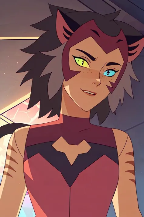 (Catra_Shera), (tail), woman, cat ears, heterochromia, yellow and blue sclera, thin body, athletic body, inside of a sci-fi ship, (realistic:1.2), (masterpiece:1.2), (full-body-shot:1),(Cowboy-shot:1.2), dark romantic lighting, (highly detailed:1.2),(detailed face:1.2), (gradients), colorful, detailed eyes, (natural lighting:1.2), solo <lora:add_detail:-0.7> <lora:BeautifulEyes:0.6> <lora:Catra_Shera:0.7> <lora:spopv1_5:0.5>