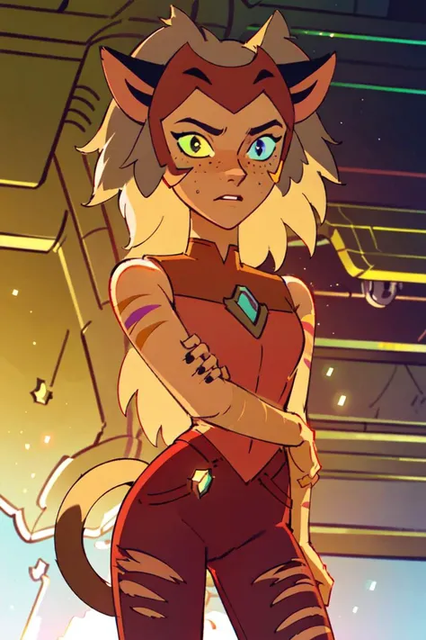 (Catra_Shera), (tail), woman, cat ears, heterochromia, yellow and blue sclera, thin body, athletic body, inside of a sci-fi ship, (realistic:1.2), (masterpiece:1.2), (full-body-shot:1),(Cowboy-shot:1.2), dark romantic lighting, (highly detailed:1.2),(detailed face:1.2), (gradients), colorful, detailed eyes, (natural lighting:1.2), solo <lora:add_detail:-0.7> <lora:BeautifulEyes:0.6> <lora:Catra_Shera:0.7> <lora:spopv1_5:0.5>