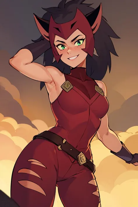 ((masterpiece,best quality)), absurdres, <lora:Catra_Shera:0.6>, Catra_Shera, cat ears, heterochromia, solo, smiling, looking at viewer, cowboy shot, cinematic composition, dynamic pose