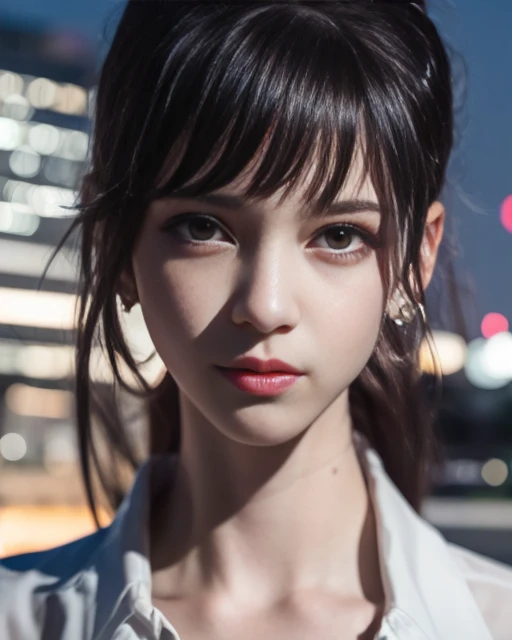 Nikon RAW photo,8 k,Fujifilm XT3,masterpiece, best quality, realistic, photorealistic,ultra detailed,1girl,solo, close up portrait, diamond stud earrings, long straight black hair, hazel eyes, serious expression, black blazer ,white shirt, white blouse, standing against a city skyline at night ,