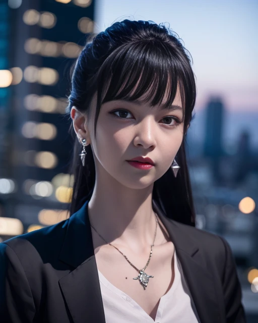 Nikon RAW photo,8 k,Fujifilm XT3,masterpiece, best quality, realistic, photorealistic,ultra detailed,1girl,solo, close up portrait, diamond stud earrings, long straight black hair, hazel eyes, serious expression, black blazer ,white shirt, white blouse, standing against a city skyline at night ,