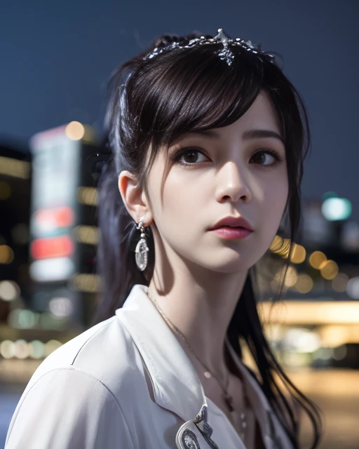 Nikon RAW photo,8 k,Fujifilm XT3,masterpiece, best quality, realistic, photorealistic,ultra detailed,1girl,solo, close up portrait, diamond stud earrings, long straight black hair, hazel eyes, serious expression, black blazer ,white shirt, white blouse, standing against a city skyline at night ,