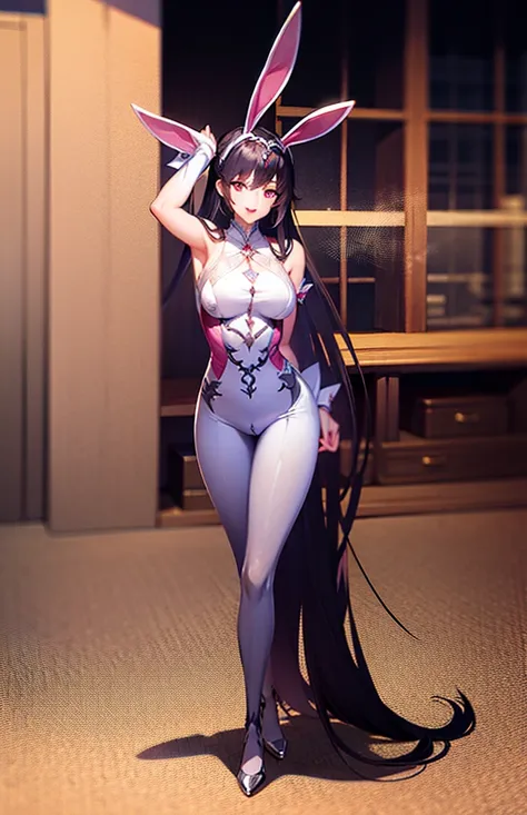 full body,masterpiece, best quality,ultra detailed,best quality,1girl,rabbit ears,long hair, smile,