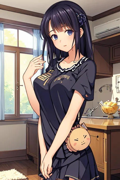 Highest quality, High resolution, 1.female, Delicious On all fours Black eyes Cute Looking down Naked Small breasts Short hair, Black Hair, seiza, Focus on face Eating dog food Collar