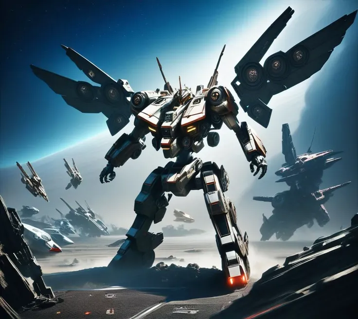 score_9, score_8_up, score_7_up, score_6_up, score_5_up, score_4_up, rating_safe,source_photorealistic, mecha,gundam,space,epic,sense of scale,sense of awe,apocalyptic,carbon fiber,advanced bionics,thrusters,mechanical wings, <lora:PhotorealponyXLV5:0.9>