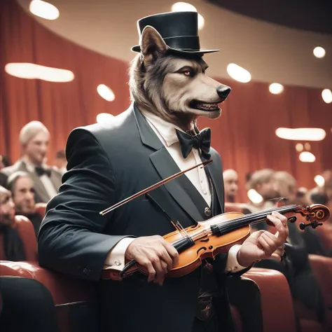 score_9, score_8_up, score_7_up, score_6_up, score_5_up, score_4_up,source photorealistic,a wolf wearing a tuxedo and a tophat and playing a violin in a theater,<lora:PonyrealisticXLlitev2:1>