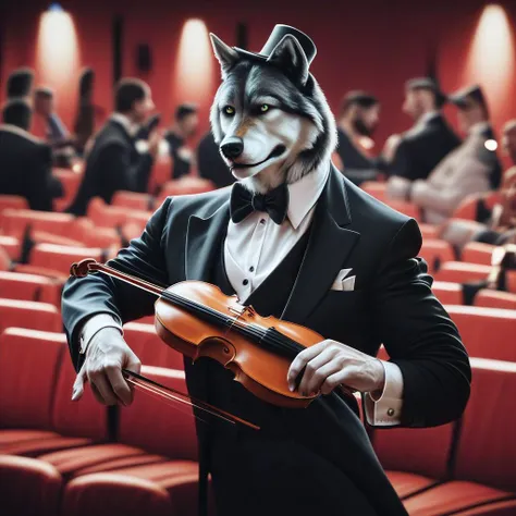 score_9, score_8_up, score_7_up, score_6_up, score_5_up, score_4_up,source photorealistic,a wolf wearing a tuxedo and a tophat and playing a violin in a theater, <lora:PhotorealponyXLV5:0.6>