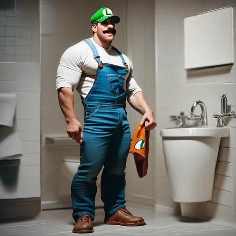 score_9, score_8_up, score_7_up, score_6_up, score_5_up, score_4_up,source photorealistic,luigi wearing a shirt and a hat and overalls and pants and holding a plunger in a bathroom,1man,full body,   <lora:PhotorealponyXLV5:0.6>