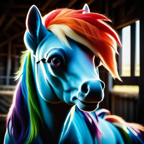 score_9, score_8_up, score_7_up, score_6_up, score_5_up, score_4_up, rating_safe,source_photorealistic,,portrait of rainbow dash in a barn,cropped,no humans,1pony,<lora:PhotorealponyXLV5:1>