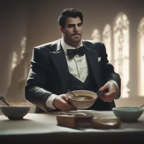 score_9, score_8_up, score_7_up, score_6_up, score_5_up, score_4_up,source_photorealistic,a man wearing a tuxedo and holding a bowl of soup,1man,indoors, <lora:PonyrealisticXLlite:1>