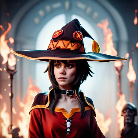 score_9, score_8_up, score_7_up, score_6_up, score_5_up, score_4_up,source_photorealistic,raw photo,cinematic shot,detailed,rating_safe, portrait of megumin wearing a witch hat in a burning building,cropped,indoors, <lora:PonyrealisticXLlite:1>