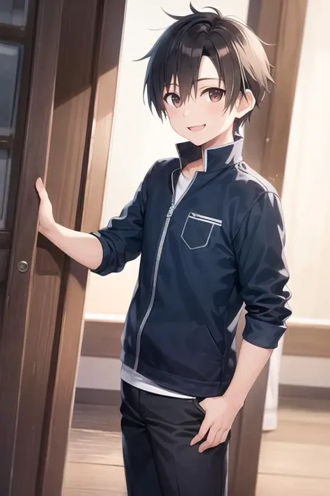 <lora:kirito:0.6>, 1boy, boy, kirito, looking at viewer, standing, cowboy shot, full body, smiling, ultra-detailed
