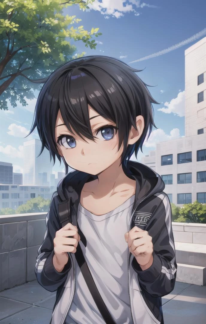 1 boy,more details in eyes,cute,looking at viewer, adorabel boy,cute face,details sky,handsome,young,juvenile, ((masterpiece:1.4,best quality)),multiple details, eyeshadow,sfw, <lora:kirito:0.7>, kirito