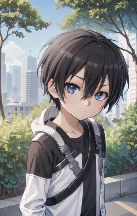 1 boy,more details in eyes,cute,looking at viewer, adorabel boy,cute face,details sky,handsome,young,juvenile, ((masterpiece:1.4,best quality)),multiple details, eyeshadow,sfw, <lora:kirito:0.7>, kirito