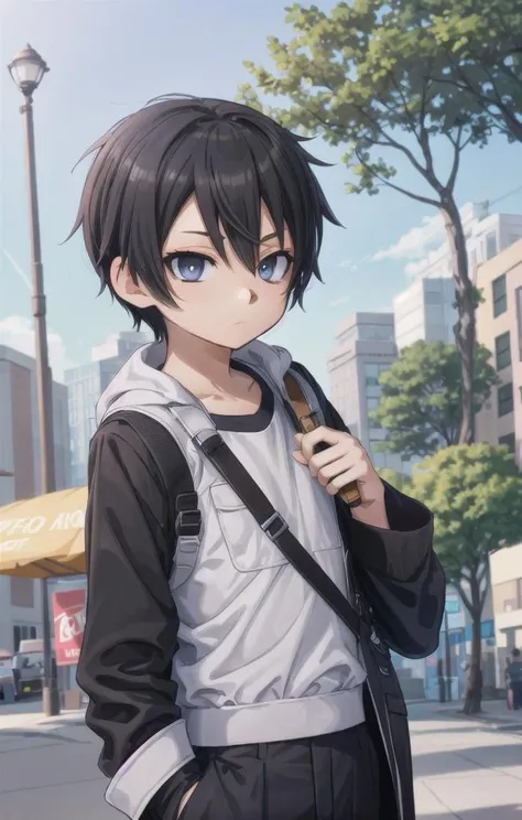 1 boy,more details in eyes,cute,looking at viewer, adorabel boy,cute face,details sky,handsome,young,juvenile, ((masterpiece:1.4,best quality)),multiple details, eyeshadow,sfw,   <lora:kirito:0.7>, kirito