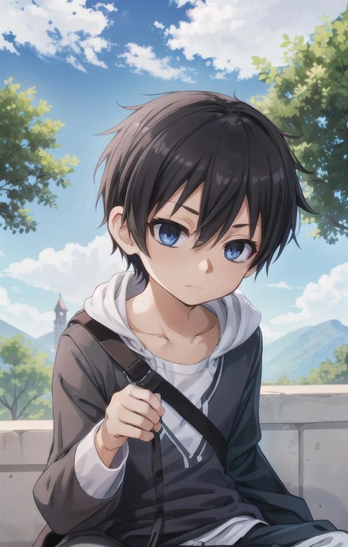 1 boy,more details in eyes,cute,looking at viewer, adorabel boy,cute face,details sky,handsome,young,juvenile, ((masterpiece:1.4,best quality)),multiple details, eyeshadow,sfw,   <lora:kirito:0.7>, kirito