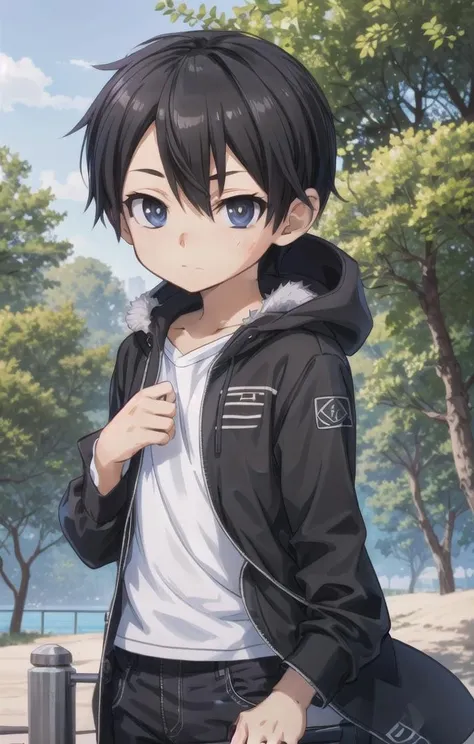1 boy,more details in eyes,cute,looking at viewer, adorabel boy,cute face,details sky,handsome,young,juvenile, ((masterpiece:1.4,best quality)),multiple details, eyeshadow,sfw, <lora:kirito:0.7>, kirito