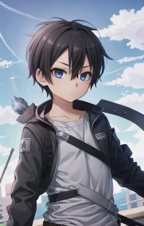 1 boy,more details in eyes,cute,looking at viewer, adorabel boy,cute face,details sky,handsome,young,juvenile, ((masterpiece:1.4,best quality)),multiple details, eyeshadow,sfw, <lora:kirito:0.7>, kirito
