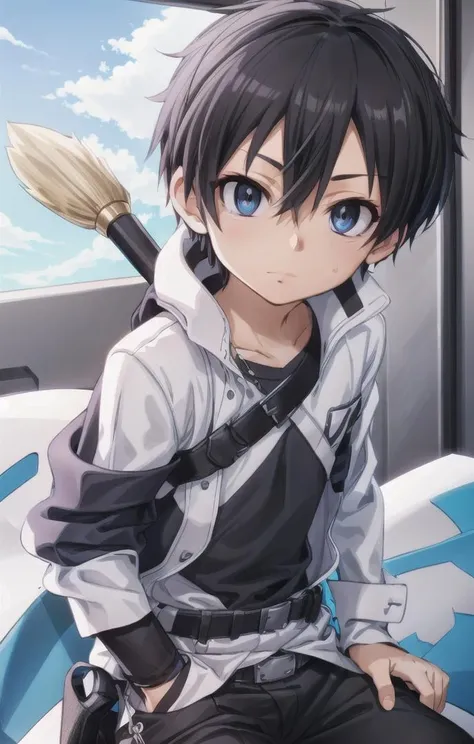 1 boy,more details in eyes,cute,looking at viewer, adorabel boy,cute face,details sky,handsome,young,juvenile, ((masterpiece:1.4,best quality)),multiple details, eyeshadow,sfw, <lora:kirito:0.7>, kirito
