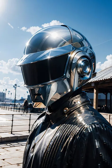 daft punk, (thomasb of daft punk:1.1), man in a (silver:1.1) helmet, looking at viewer, outside, blue sky, extreme detail, hdr, beautiful quality, <lora:diffusiondesign_DaftPunk_V1-08:.8>