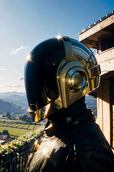 daft punk,(guyman of daft punk:1.2), man in a gold helmet, looking at viewer, outside, blue sky, extreme detail, hdr, beautiful quality, <lora:diffusiondesign_DaftPunk_V1-08:.8>